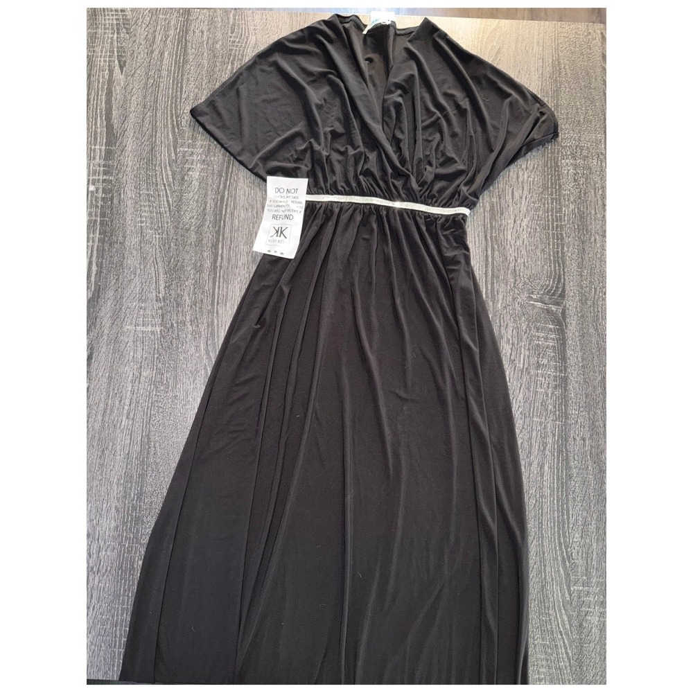 KOH KOH‎ Black V-Neck Embellished Waist Flutter Sleeve Maxi Dress Small NEW